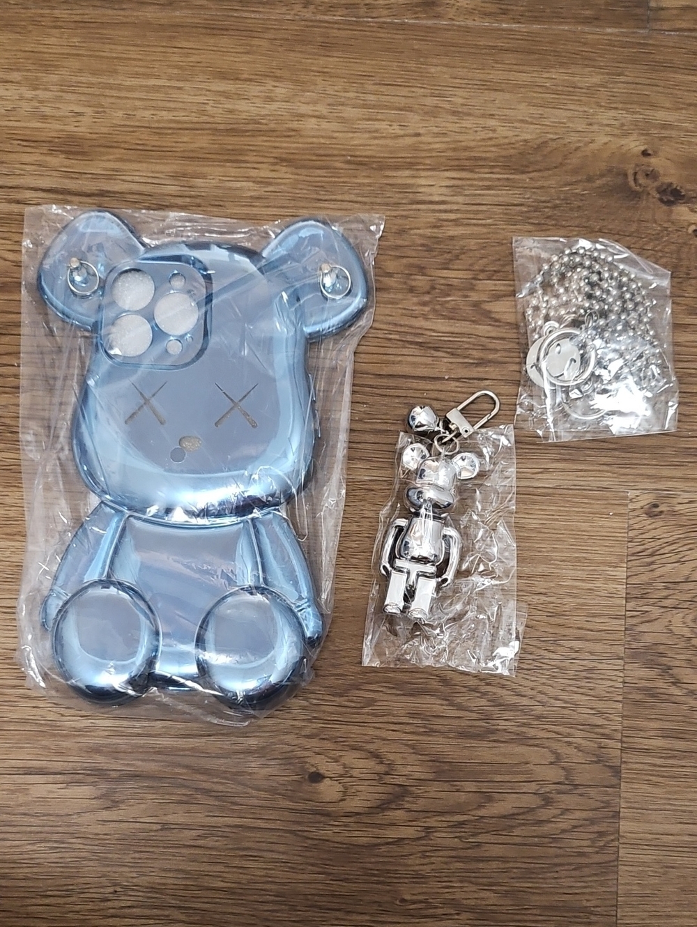 Blue Metallic Bear Phone Case with Silver Bear Bell Keychain Iphone 13 Pro Max